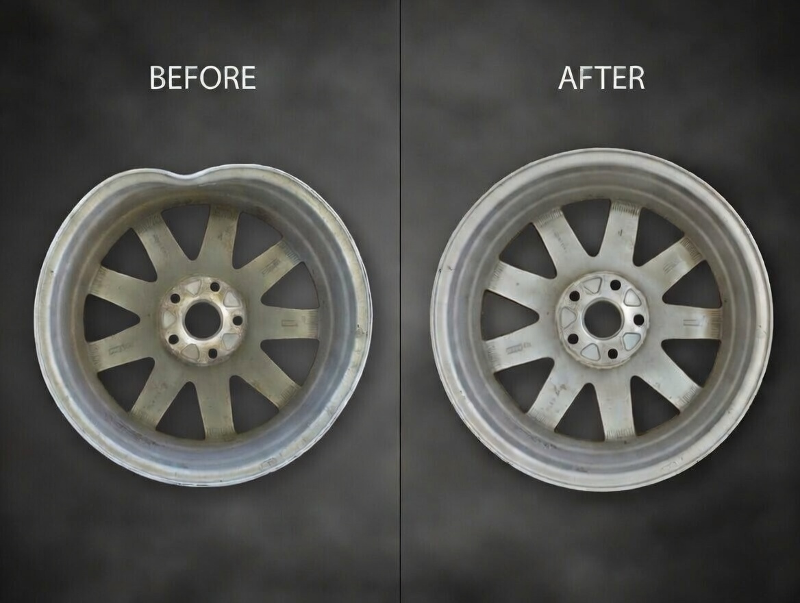 Before and after wheel straightening repair – bent alloy wheel restored in Twin Cities MN